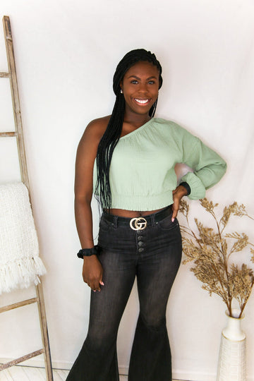 Sage Green One Shoulder Linen Top