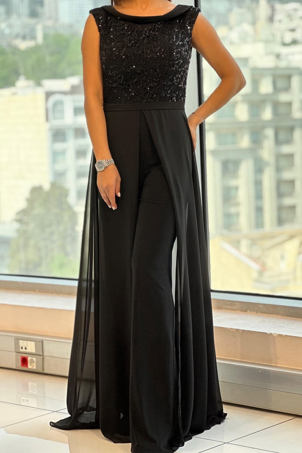 Ainsley | Women's Textured-Panel Jumpsuit with Crew Neck and Versatile Style