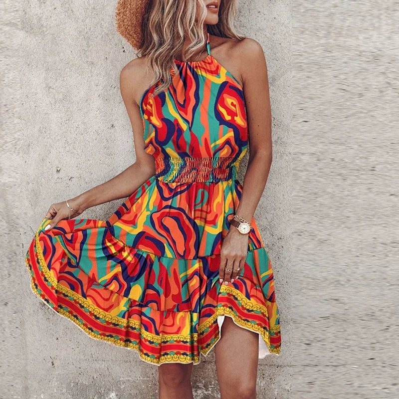 Freya | Women's Flowy Draped Dress with Halter Neckline and Lace Detail