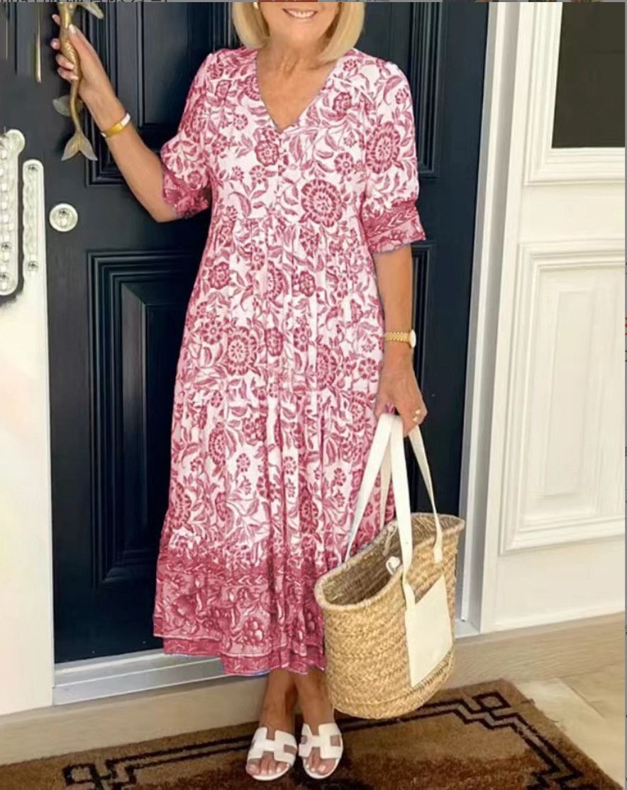 Capri | Women's Floral Dress with V-Neck and A-Line Skirt