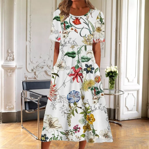 Faye | Women's Floral Dress with Short Sleeves and A-Line Silhouette