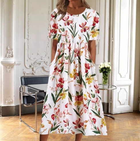 Faye | Women's Floral Dress with Short Sleeves and A-Line Silhouette