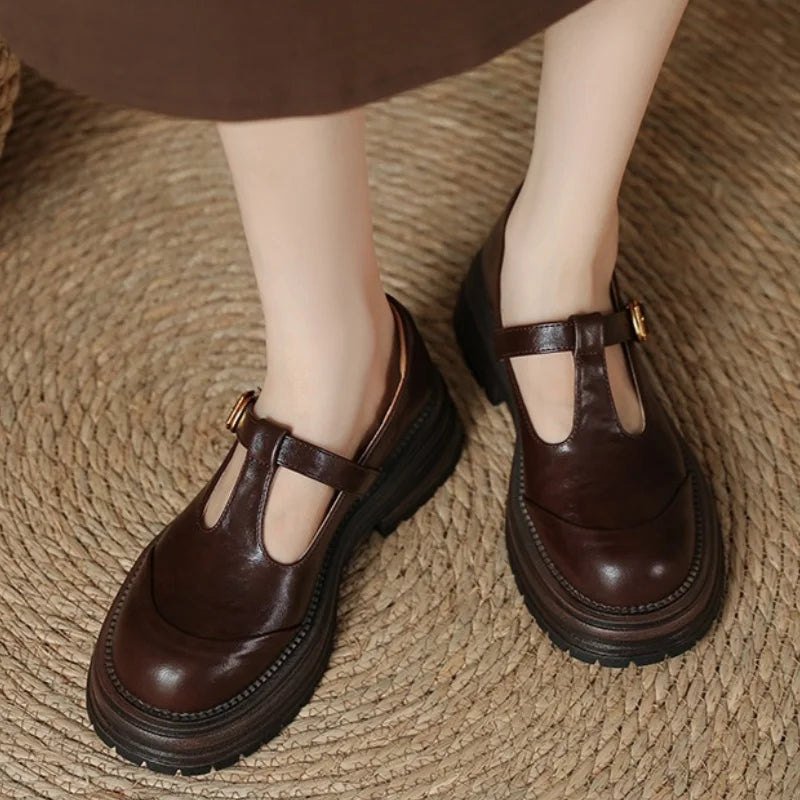 Blythe | Women's T-Bar Mary Jane Shoes Round Toe Brogue Low Heel