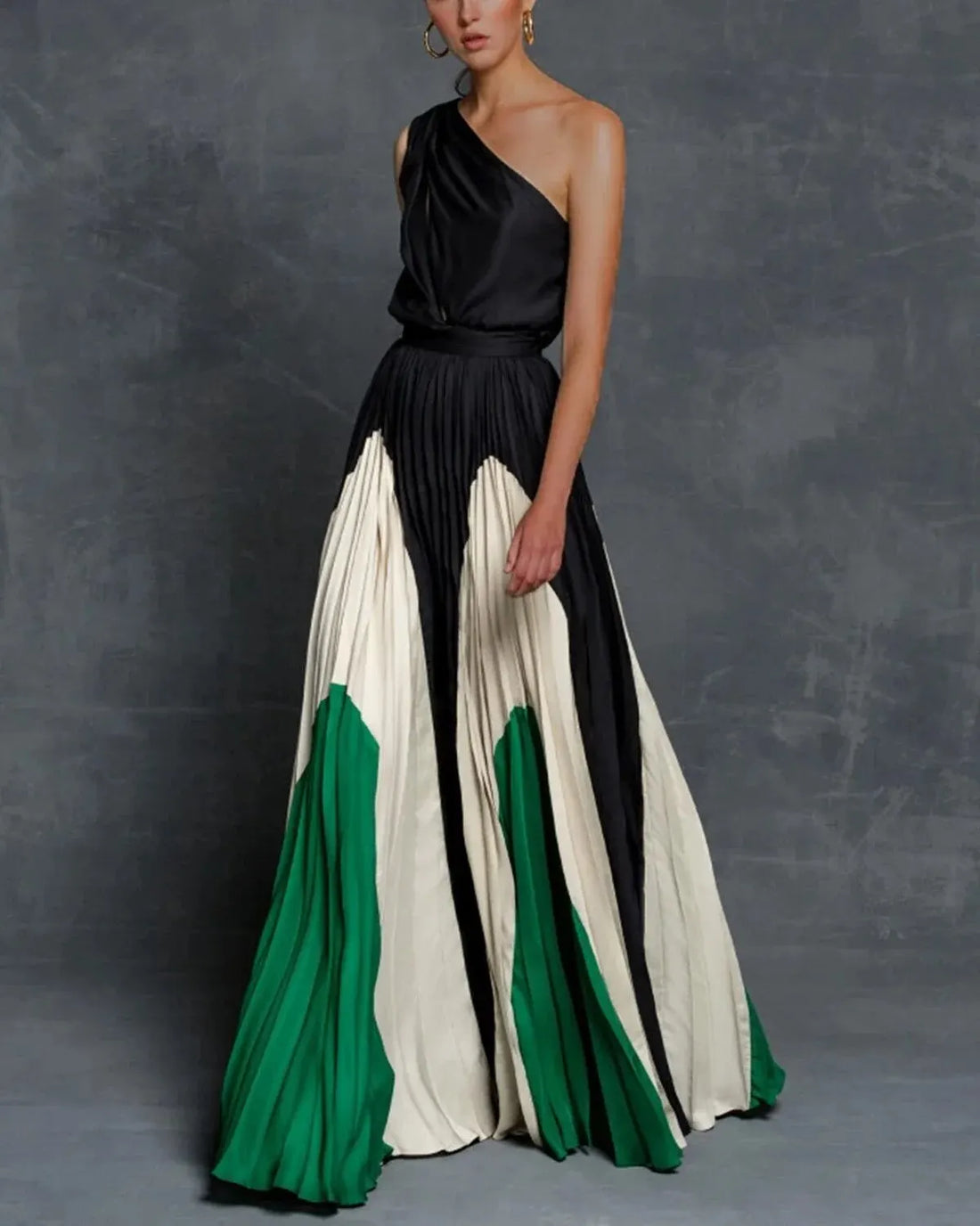 Aurora | Women's One Shoulder Color Block Pleated Maxi Dress