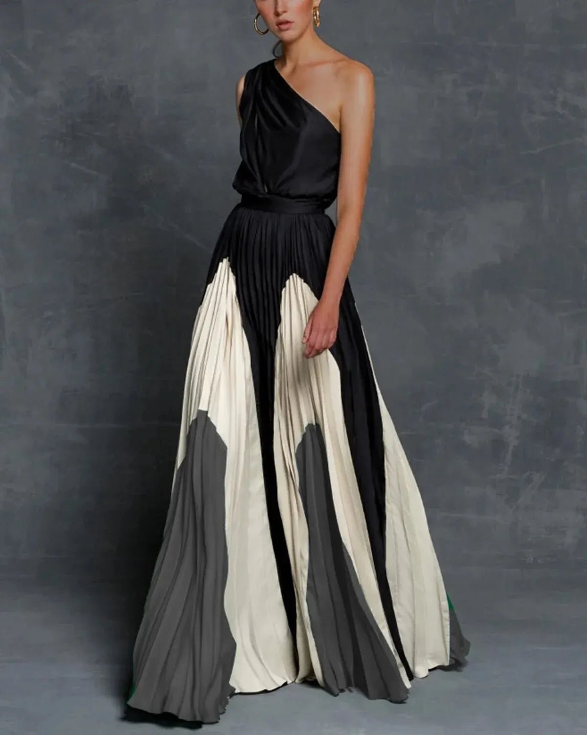 Aurora | Women's One Shoulder Color Block Pleated Maxi Dress