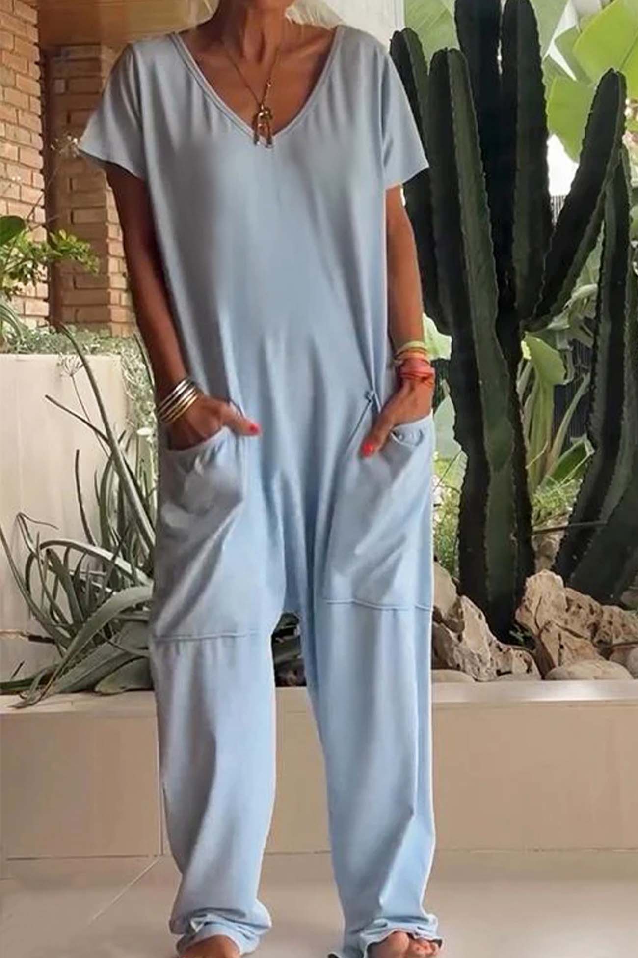 Harper | Women's V-Neck Short Sleeve Jumpsuit with Pockets and Loose Fit