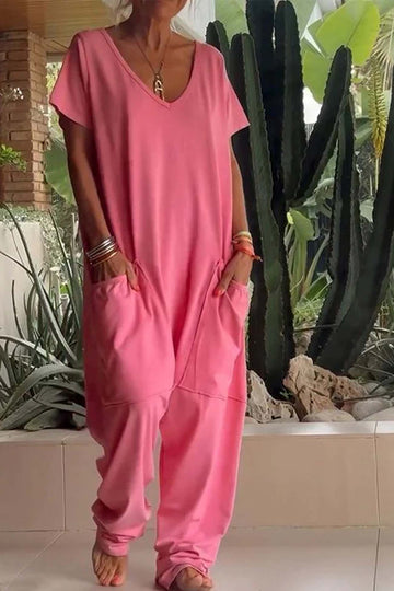 Harper | Women's V-Neck Short Sleeve Jumpsuit with Pockets and Loose Fit