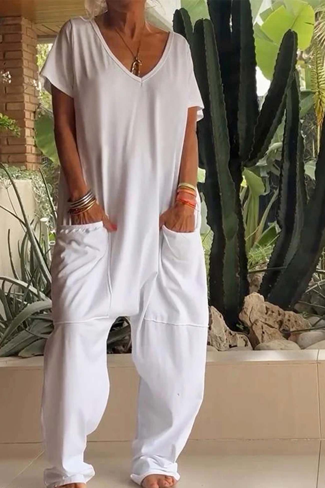 Harper | Women's V-Neck Short Sleeve Jumpsuit with Pockets and Loose Fit