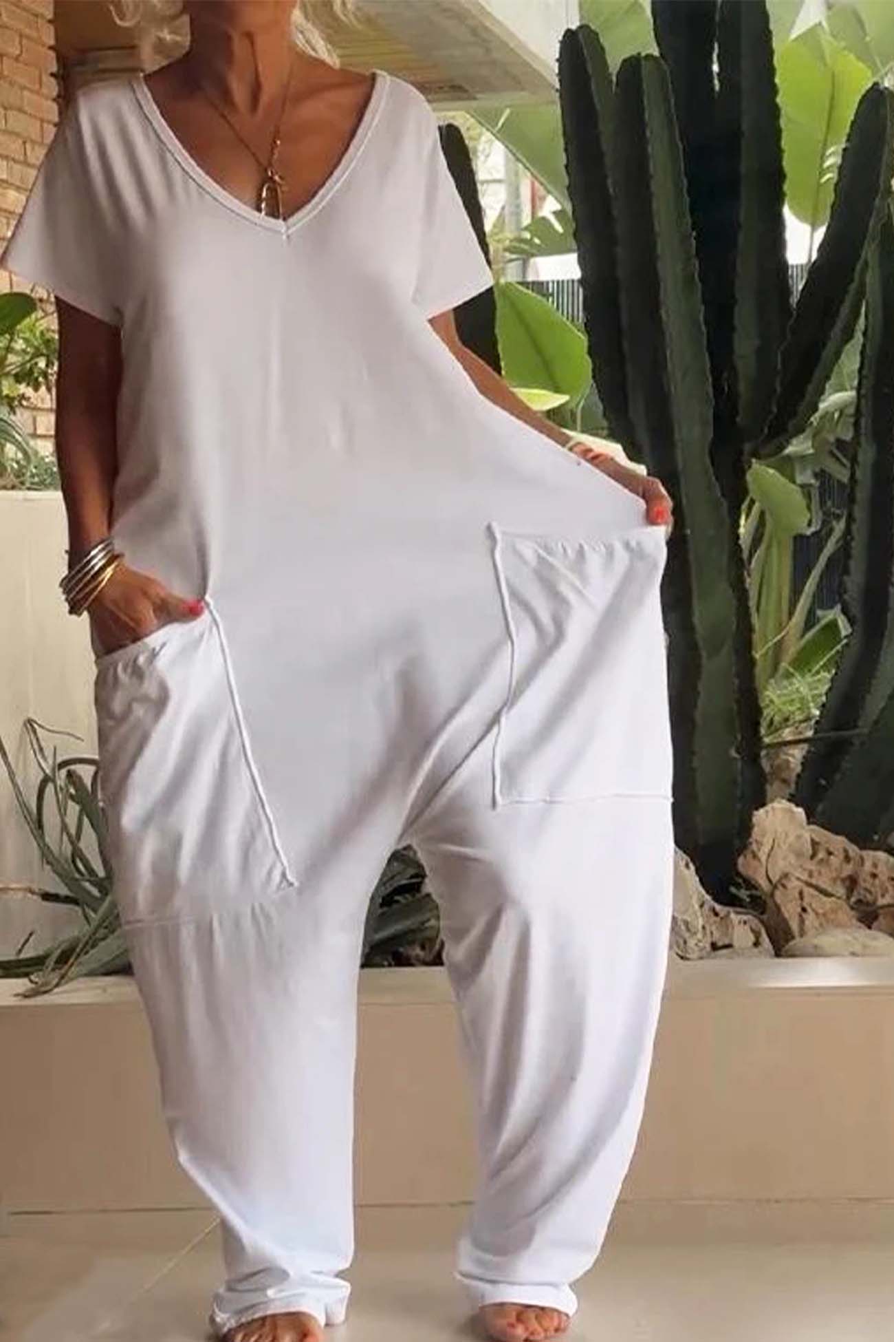 Harper | Women's V-Neck Short Sleeve Jumpsuit with Pockets and Loose Fit