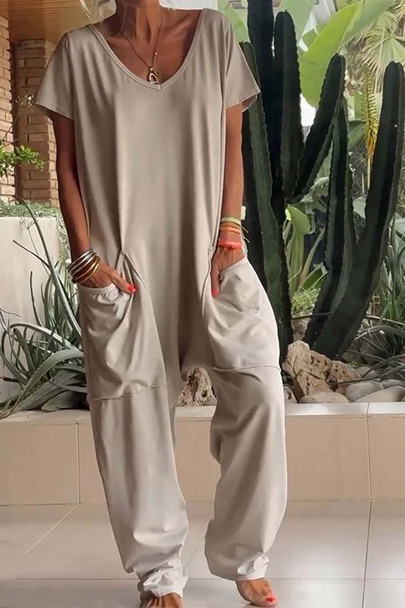 Harper | Women's V-Neck Short Sleeve Jumpsuit with Pockets and Loose Fit