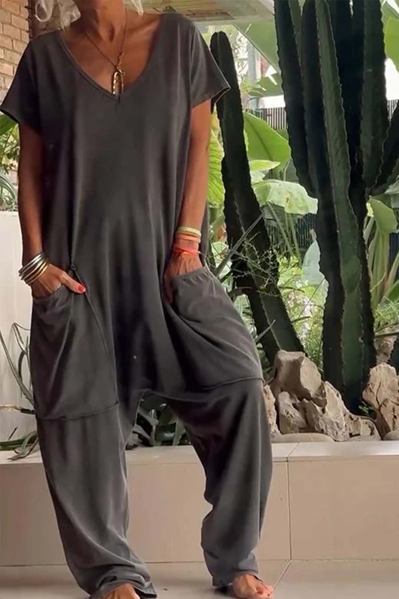 Harper | Women's V-Neck Short Sleeve Jumpsuit with Pockets and Loose Fit