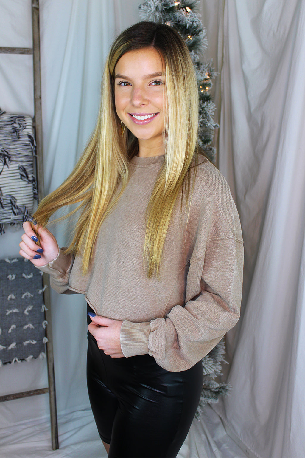 Tan Cropped Mineral Wash Pullover