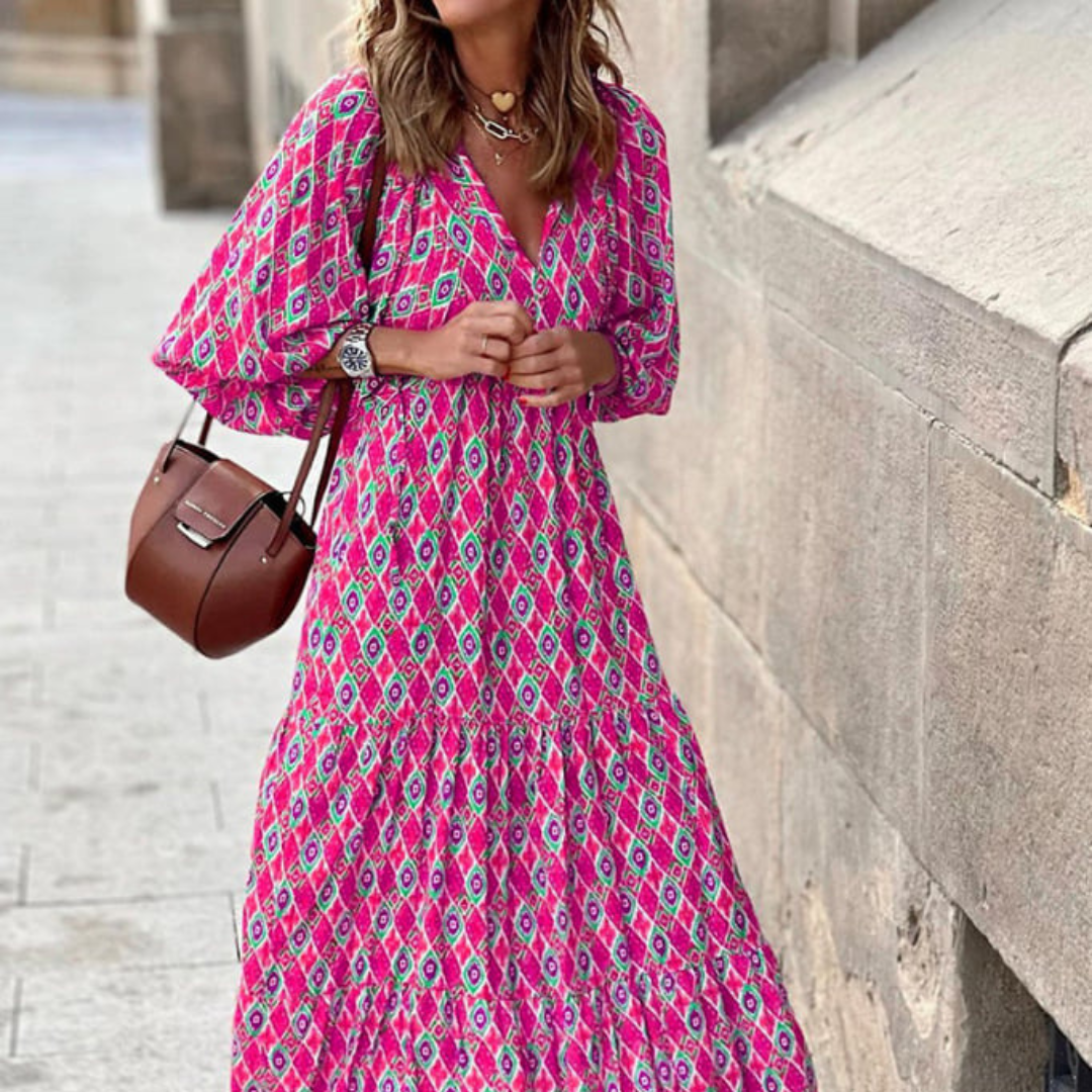Flora | Women's Puff Sleeve V-Neck Boho Printed Maxi Dress