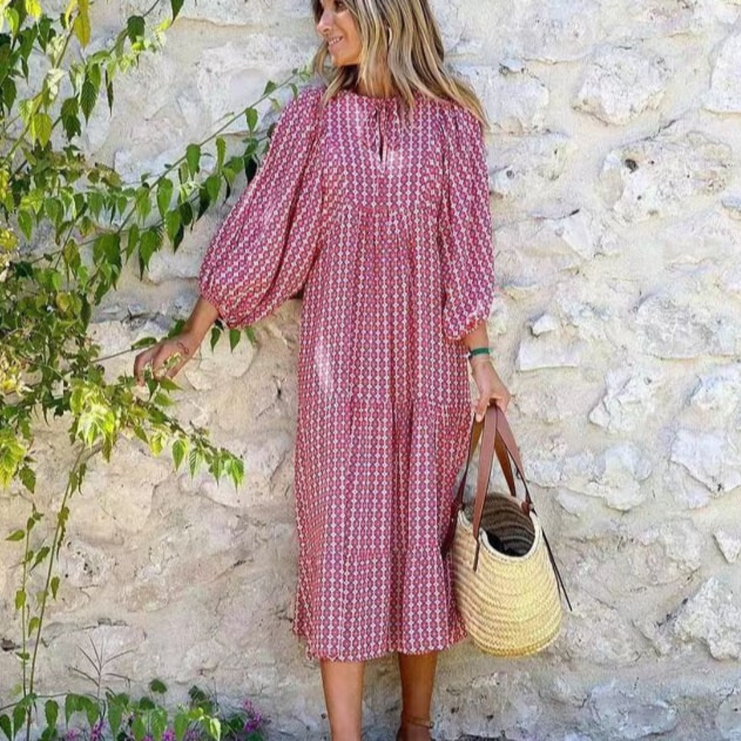 Flora | Women's Puff Sleeve V-Neck Boho Printed Maxi Dress
