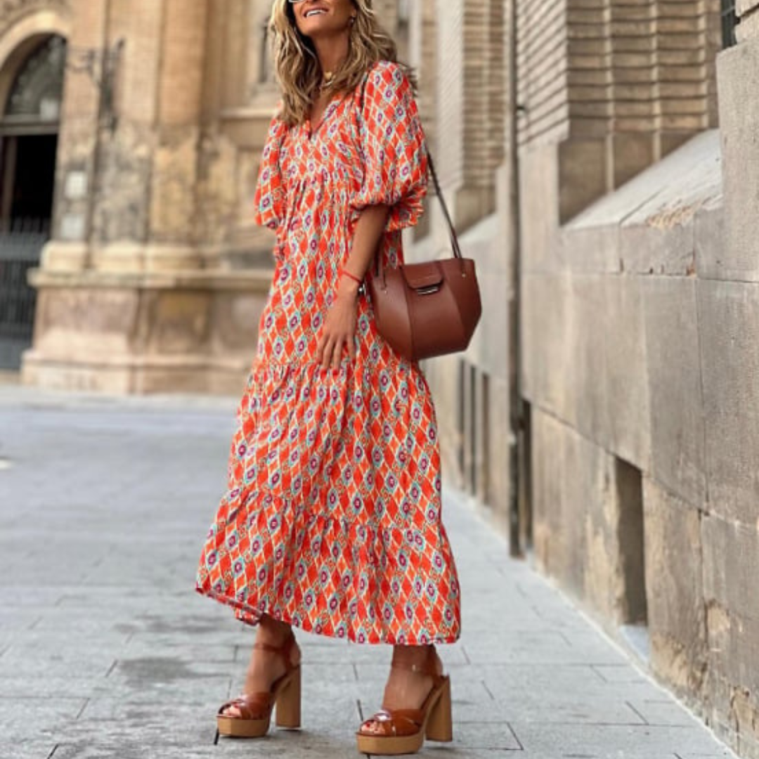 Flora | Women's Puff Sleeve V-Neck Boho Printed Maxi Dress