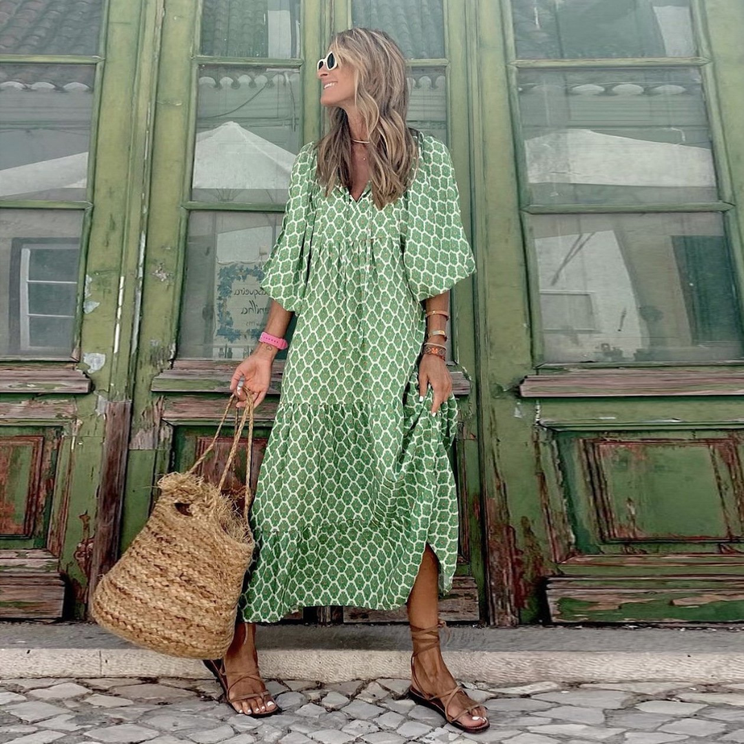 Flora | Women's Puff Sleeve V-Neck Boho Printed Maxi Dress