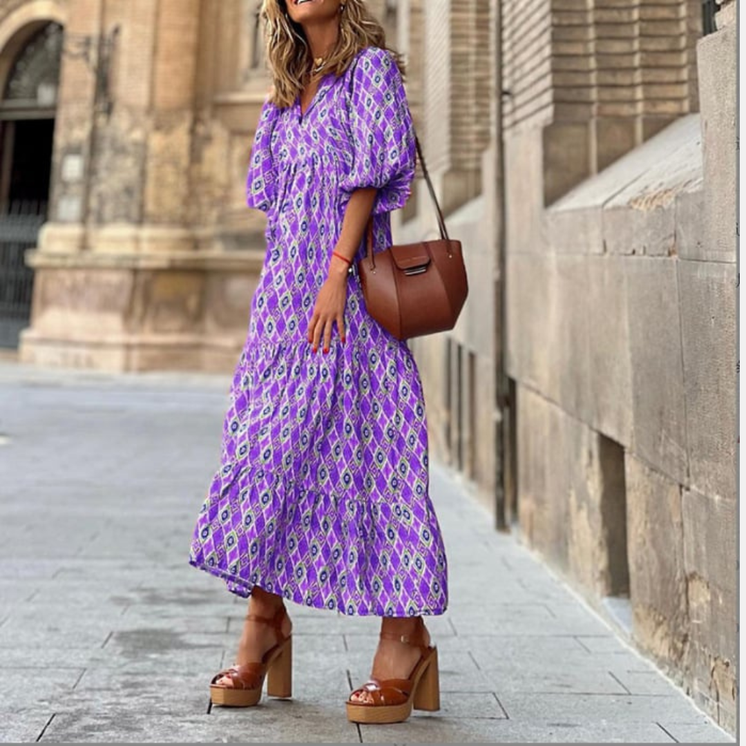 Flora | Women's Puff Sleeve V-Neck Boho Printed Maxi Dress