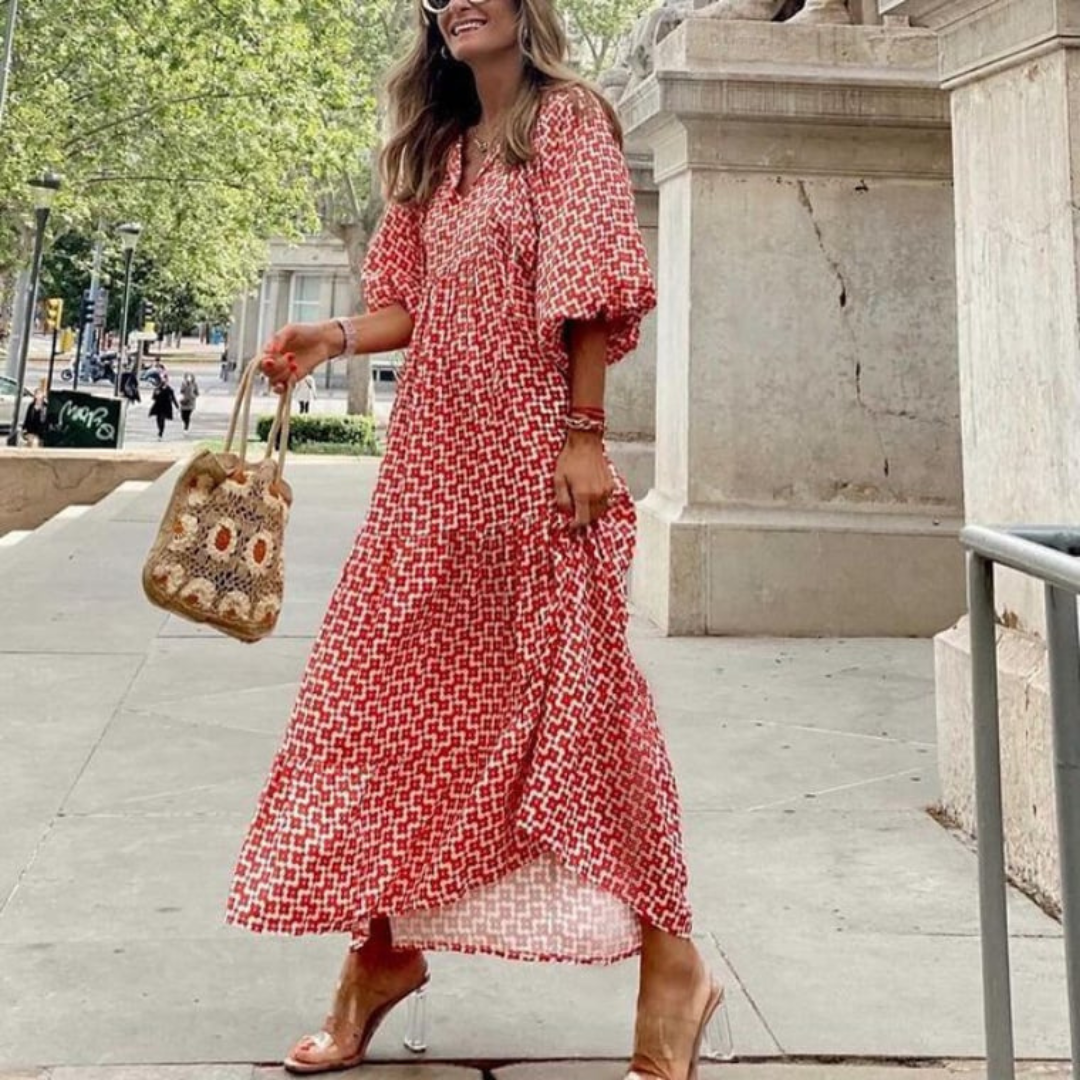 Flora | Women's Puff Sleeve V-Neck Boho Printed Maxi Dress