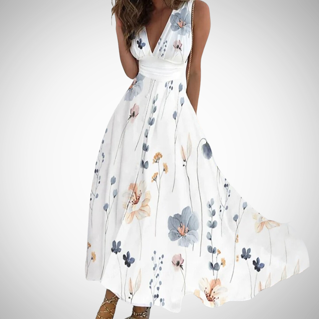 Flora | Women's Floral Maxi Dress Sleeveless V-Neck Wrap Waist