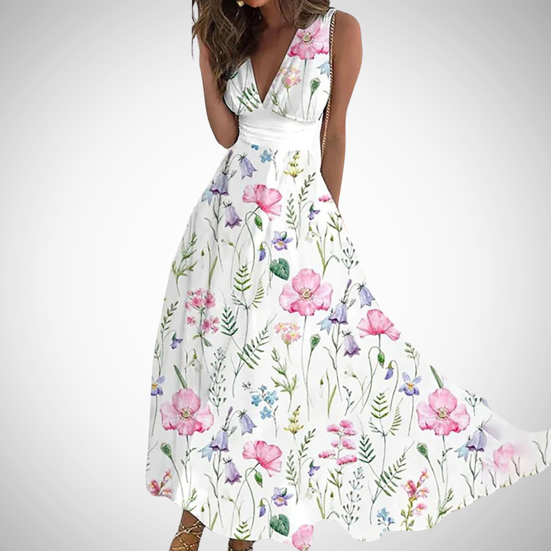 Flora | Women's Floral Maxi Dress Sleeveless V-Neck Wrap Waist