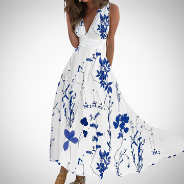 Flora | Women's Floral Maxi Dress Sleeveless V-Neck Wrap Waist