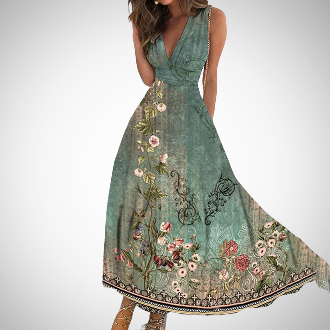 Flora | Women's Floral Maxi Dress Sleeveless V-Neck Wrap Waist