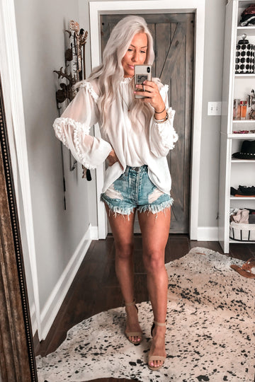 White Long Sleeve Sheer Ruffle Blouse