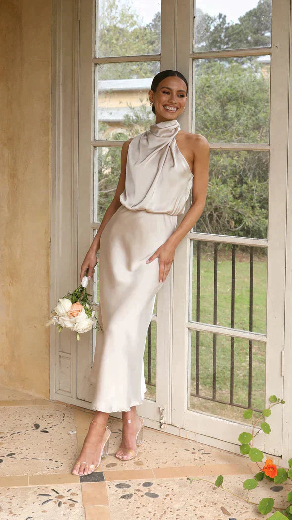 Helena | Elegant Halter Midi Dress ¨C Flattering Flowing Design for Every Event