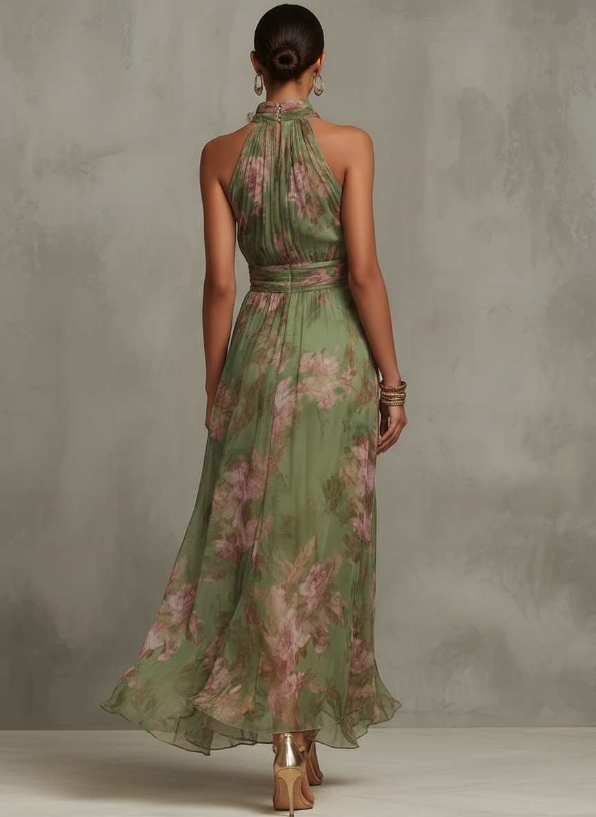 Adeline | Green Floral Chiffon Halter Maxi Dress