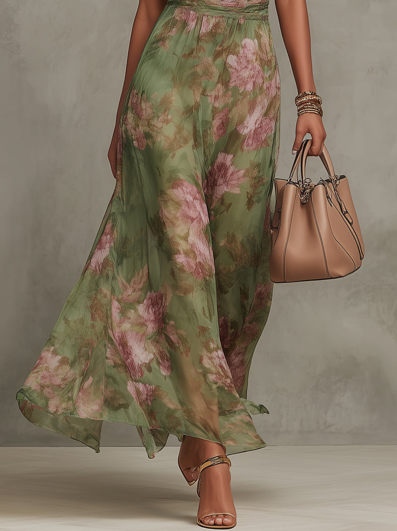 Adeline | Green Floral Chiffon Halter Maxi Dress