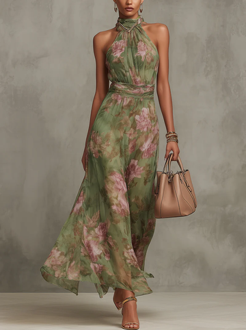 Adeline | Green Floral Chiffon Halter Maxi Dress