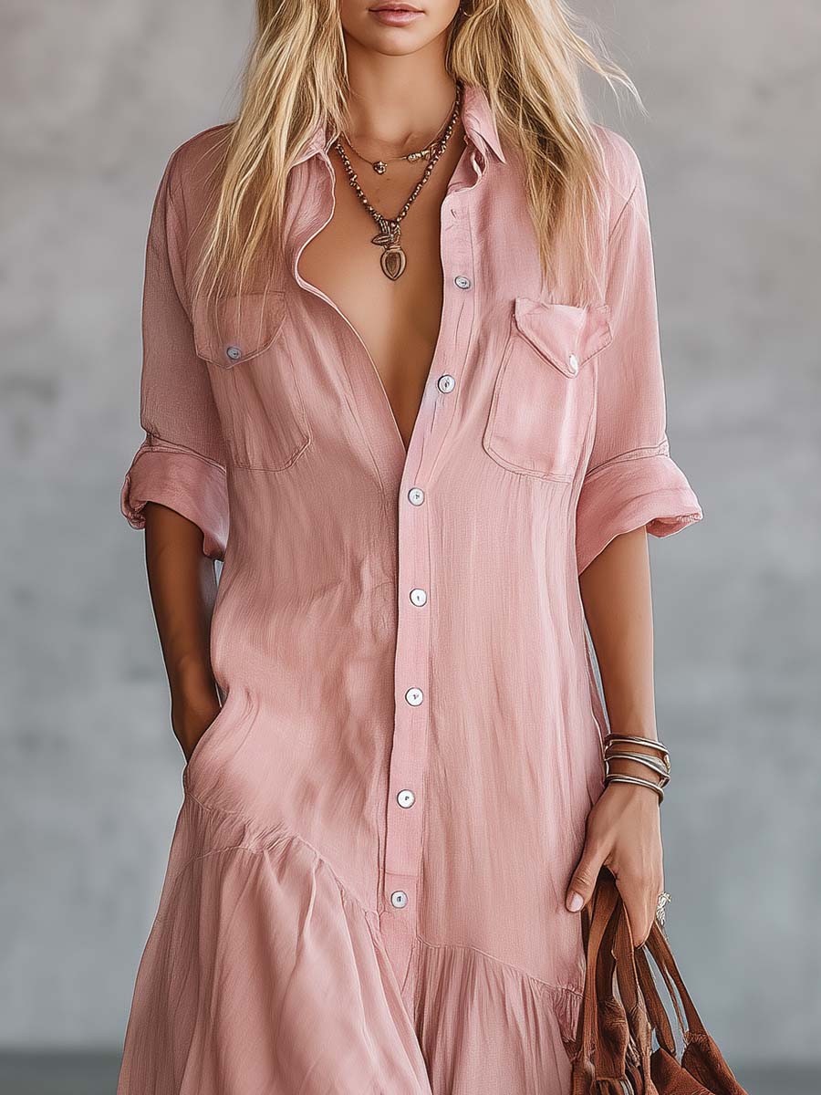 Calista | Casual Retro Western V-neck Front Button Short Sleeve Pink Cotton Linen Shirt Maxi Dress