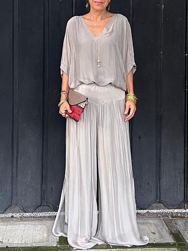 Celeste | Women's V-Neck Jumpsuit with Batwing Sleeves and Wide Legs