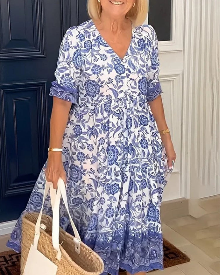Capri | Women's Floral Dress with V-Neck and A-Line Skirt