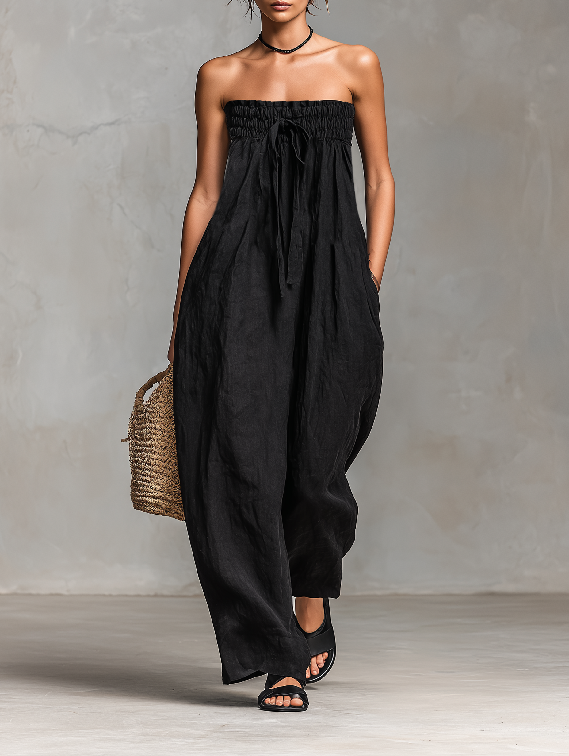 Harriet | Women's Strapless Loose Fit Jumpsuit With Tie Closure