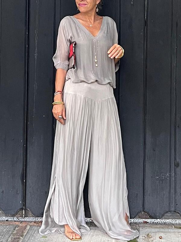 Celeste | Women's V-Neck Jumpsuit with Batwing Sleeves and Wide Legs