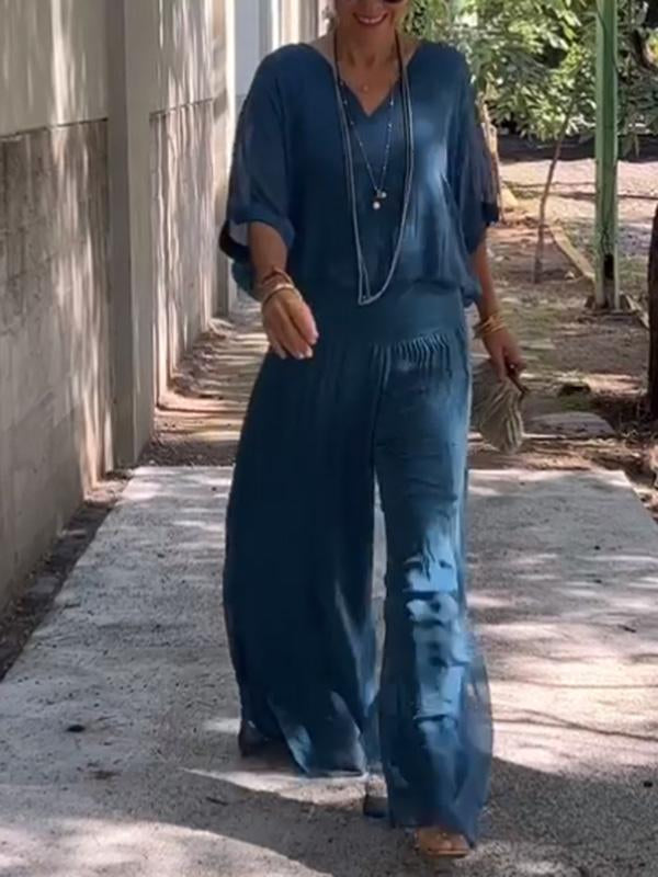 Celeste | Women's V-Neck Jumpsuit with Batwing Sleeves and Wide Legs