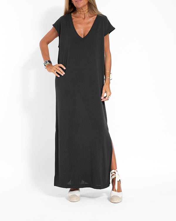 Coral | Women's V-Neck Short Sleeve Side Slit Maxi Dress