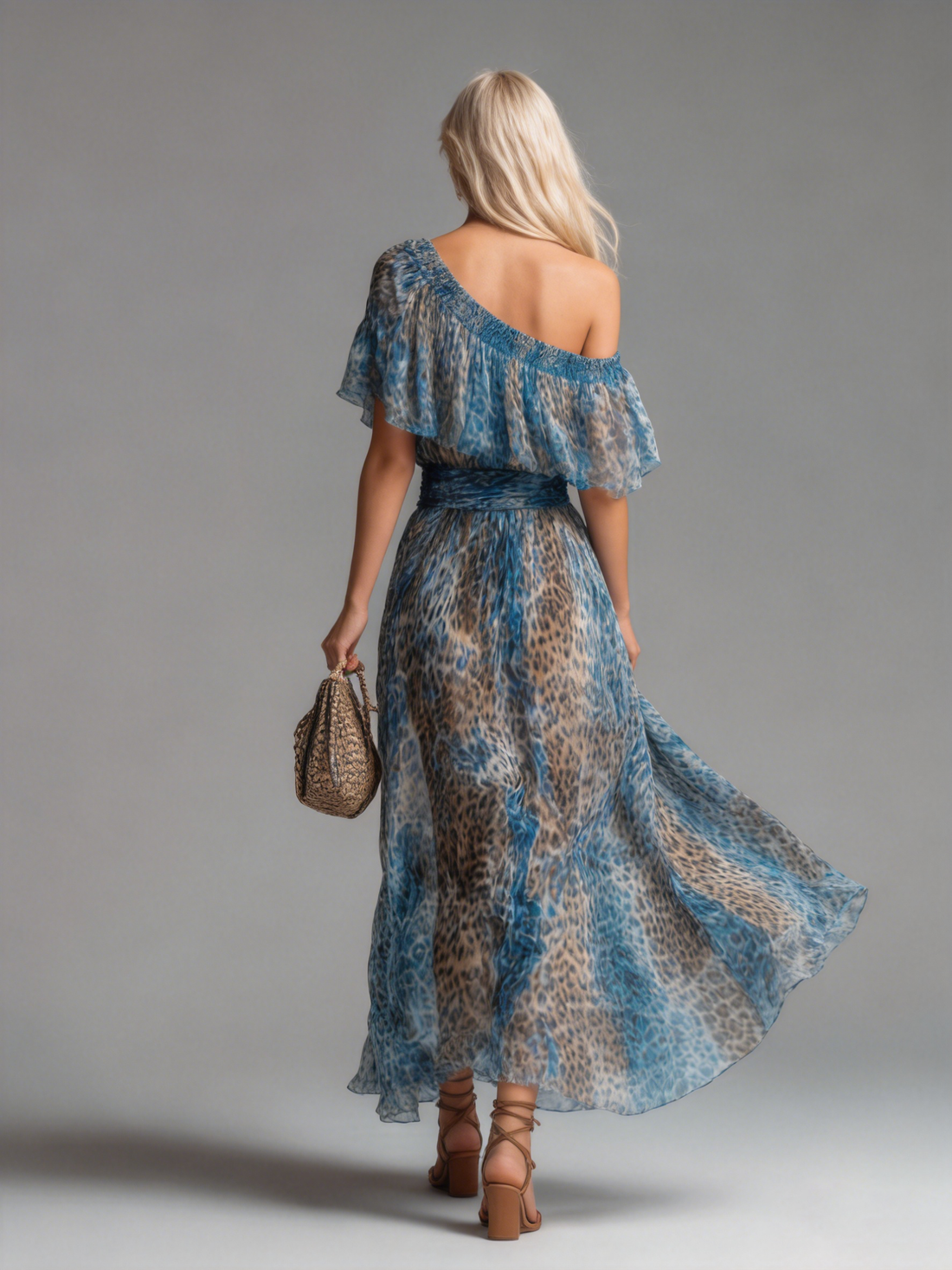 Gianna | Stylish And Elegant Off-the-shoulder Short-sleeved Leopard Print Chiffon Maxi Dress