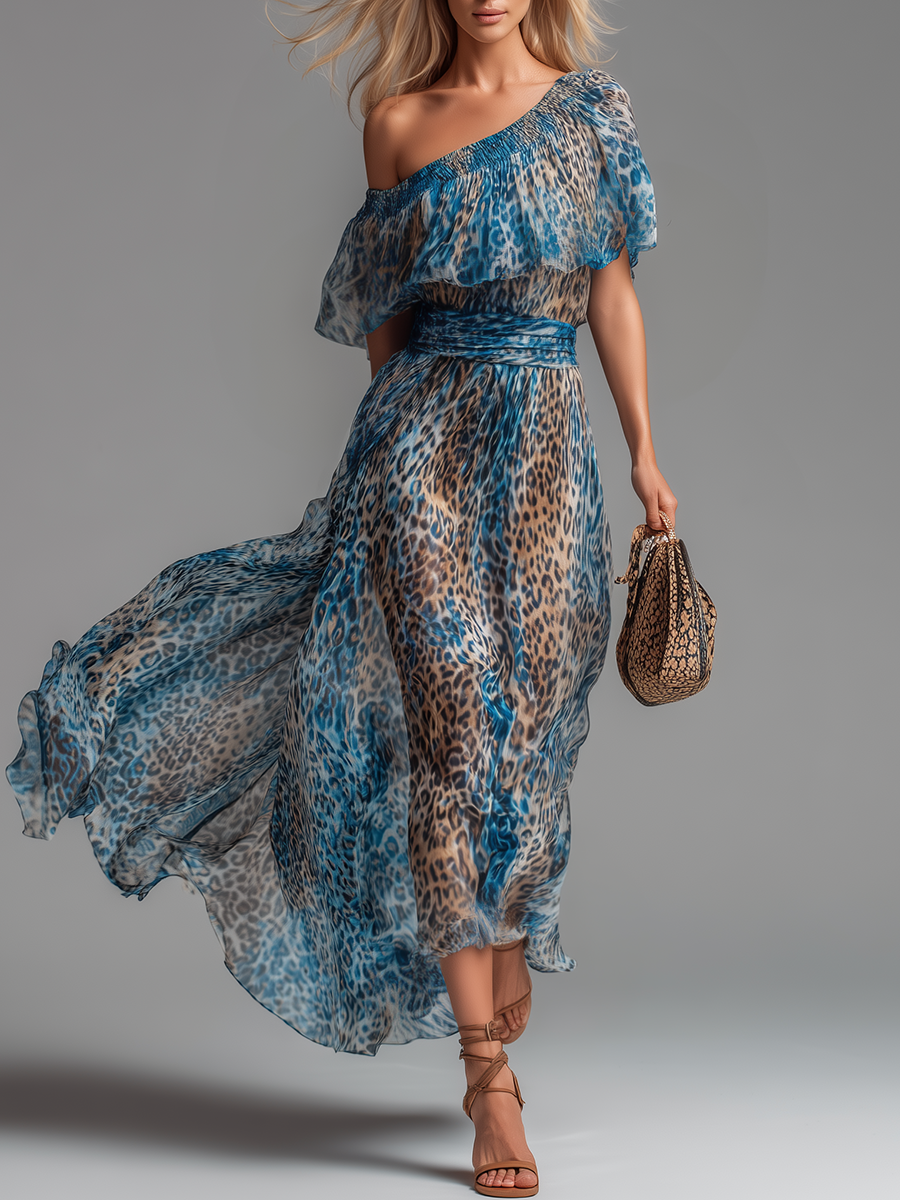 Gianna | Stylish And Elegant Off-the-shoulder Short-sleeved Leopard Print Chiffon Maxi Dress