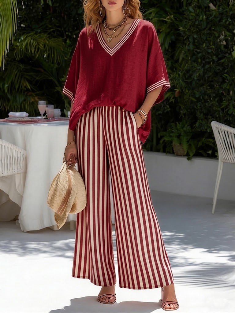Brynn | Women's Striped V-Neck Wide Leg Pants Set
