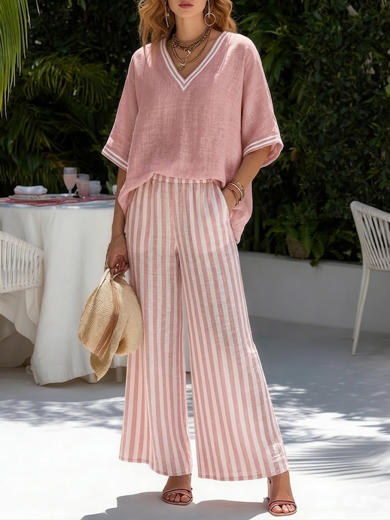 Brynn | Women's Striped V-Neck Wide Leg Pants Set