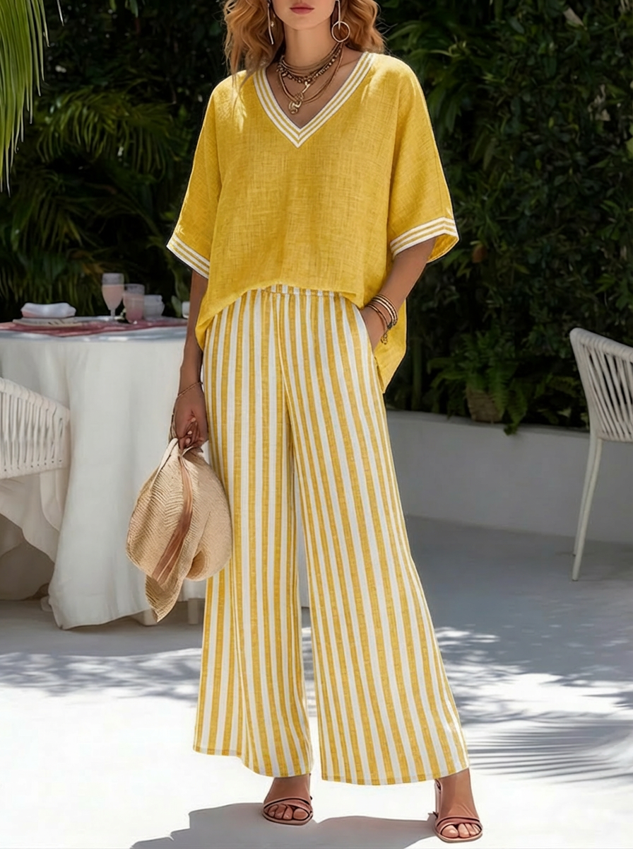Brynn | Women's Striped V-Neck Wide Leg Pants Set