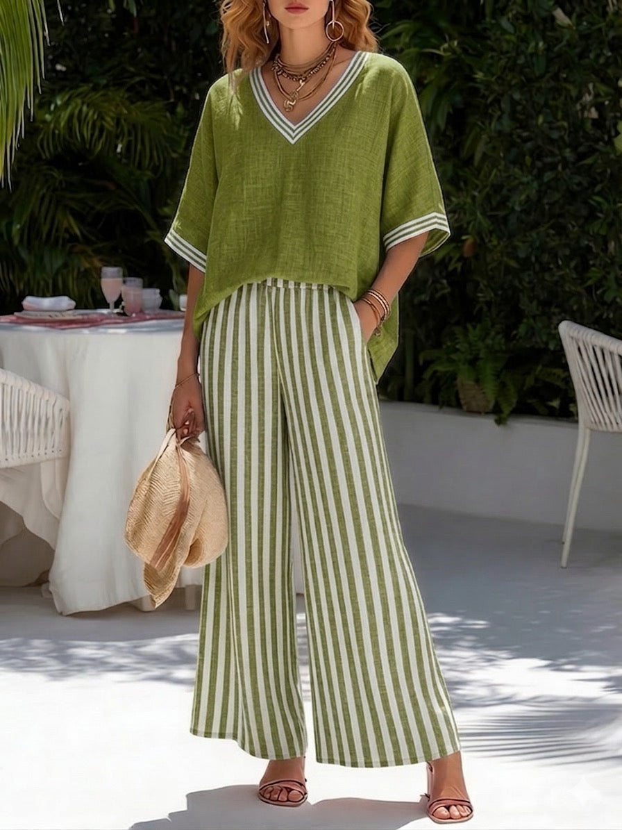 Brynn | Women's Striped V-Neck Wide Leg Pants Set