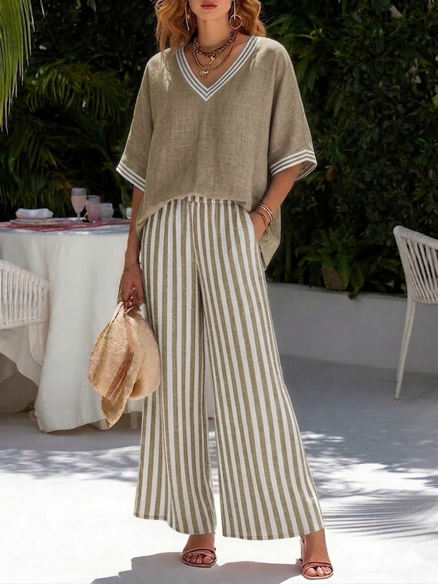 Brynn | Women's Striped V-Neck Wide Leg Pants Set