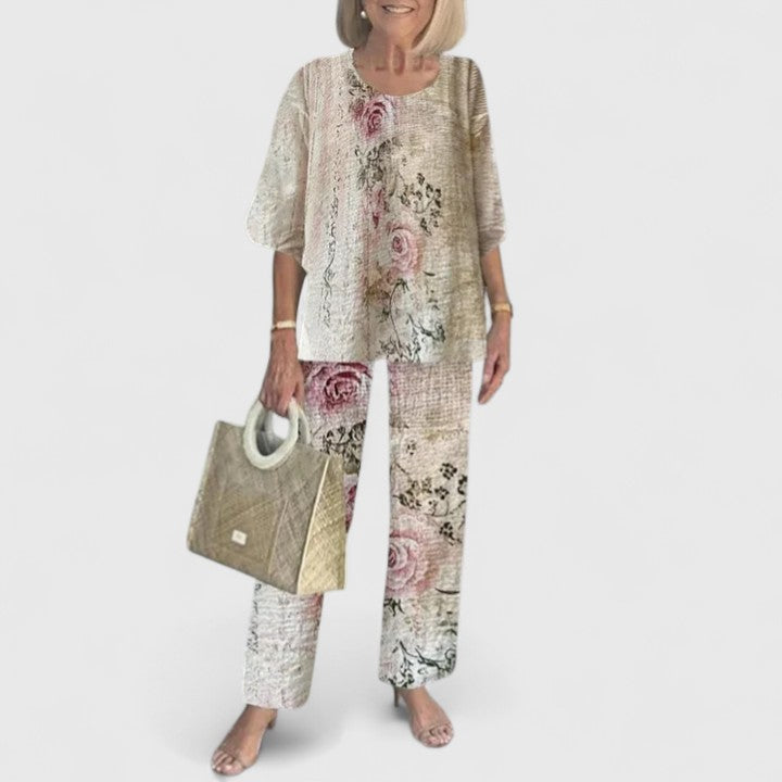 Celine | Women's Floral Print Top with Wide-Leg Trousers Set