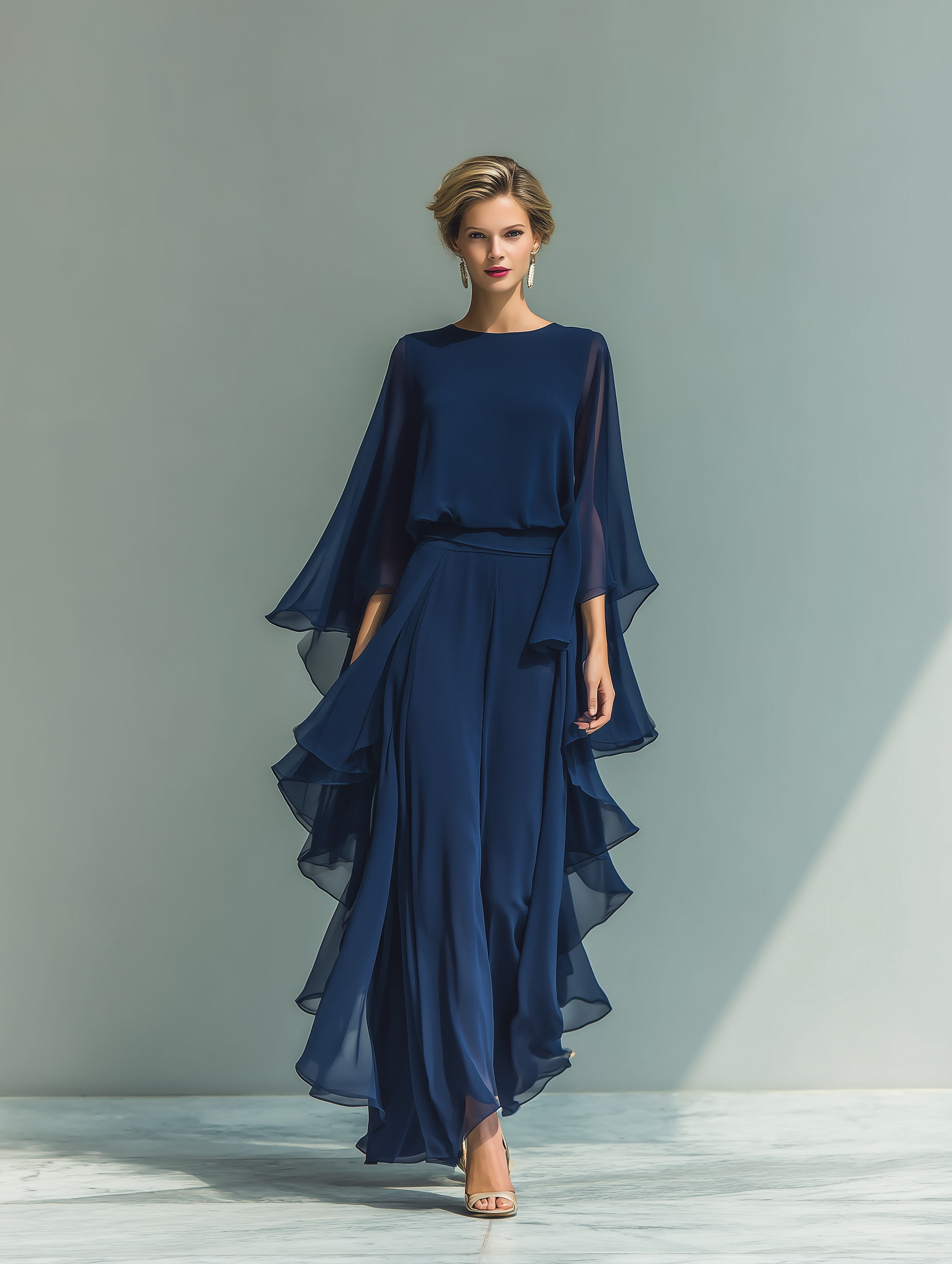 Florence | Women's Chiffon Flared Sleeve Top And Straight Leg Trousers Set