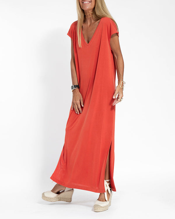 Coral | Women's V-Neck Short Sleeve Side Slit Maxi Dress