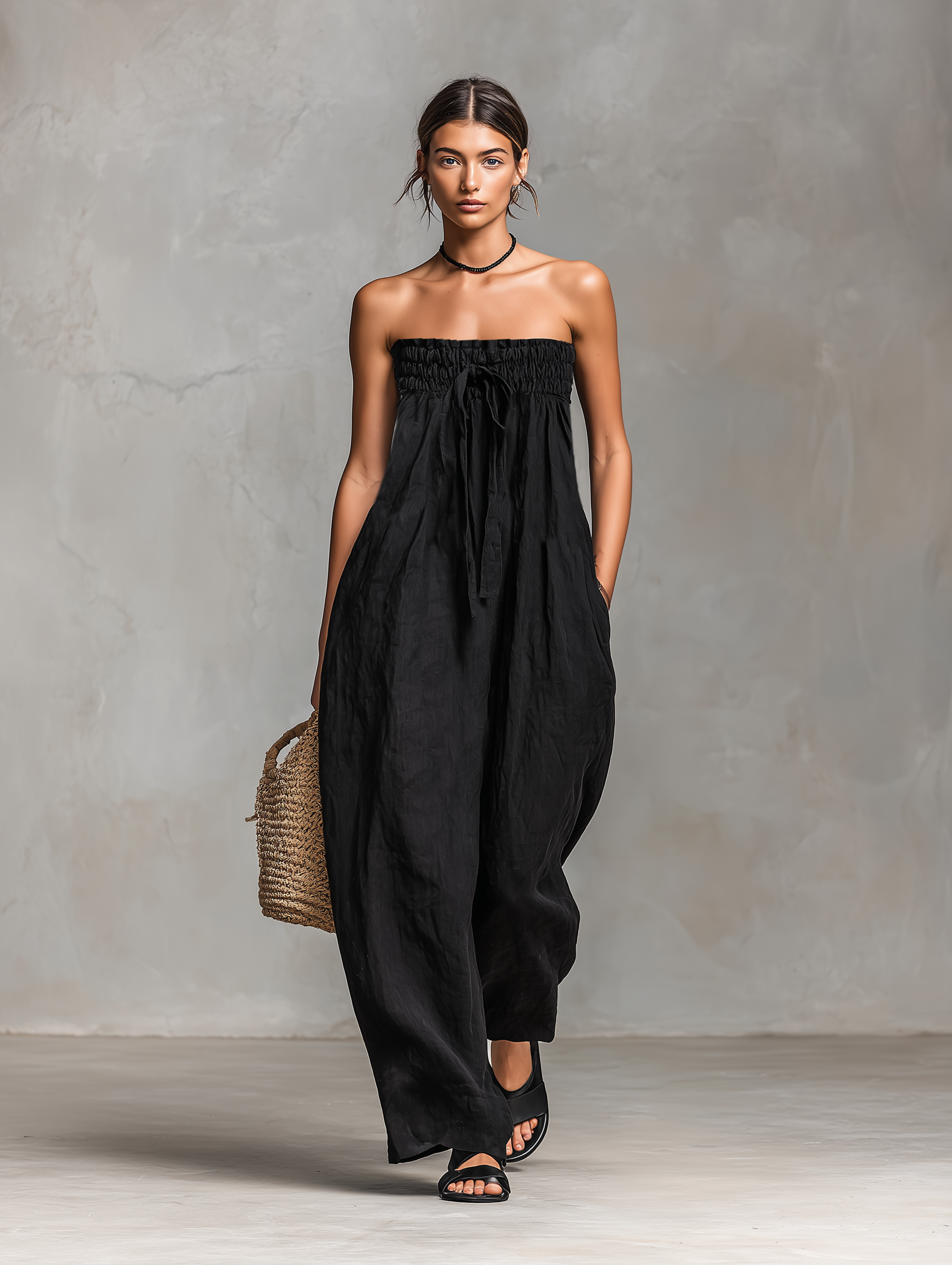 Harriet | Women's Strapless Loose Fit Jumpsuit With Tie Closure