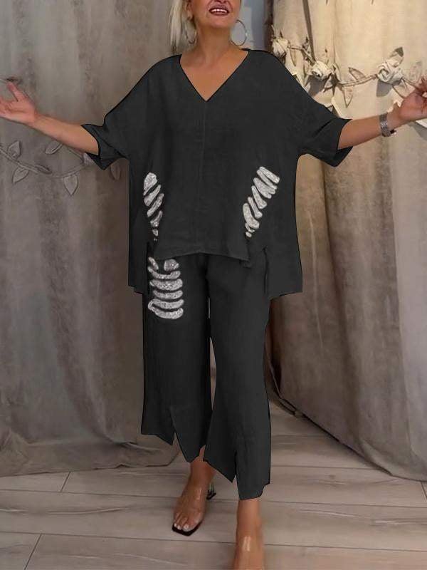 Avery | Women's Casual 2-Piece Set with V-Neck Top and Cropped Trousers